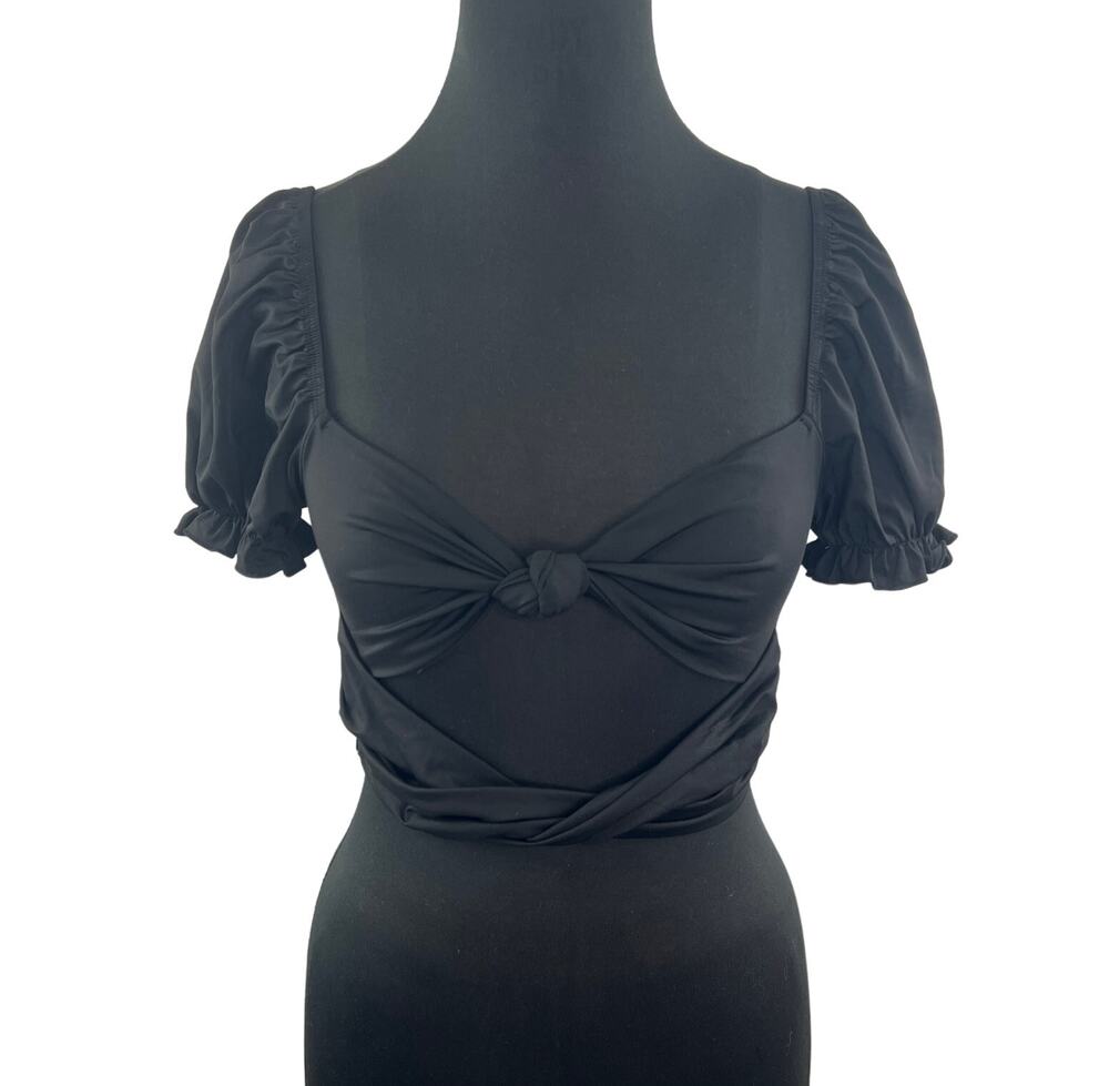 Princess Polly Black Crop Top Front Tie Sweetheart Neck Ruffle Sleeve Size 6